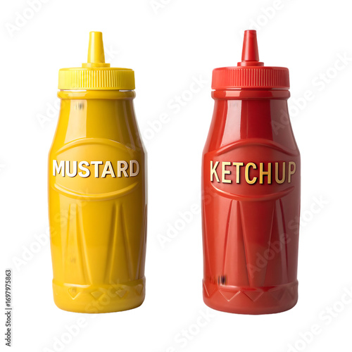 Mustard and ketchup bottles side by side, realistic design with clear labels and smooth surfaces