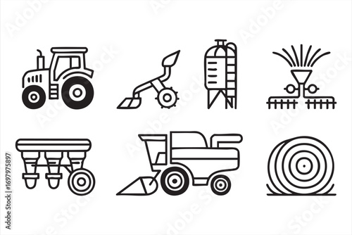 Modern agriculture machinery line art set for farming and harvest projects