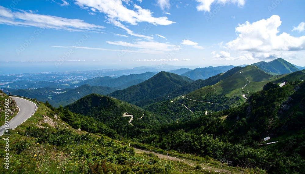 Fototapeta premium Panoramic mountain vista with winding roads