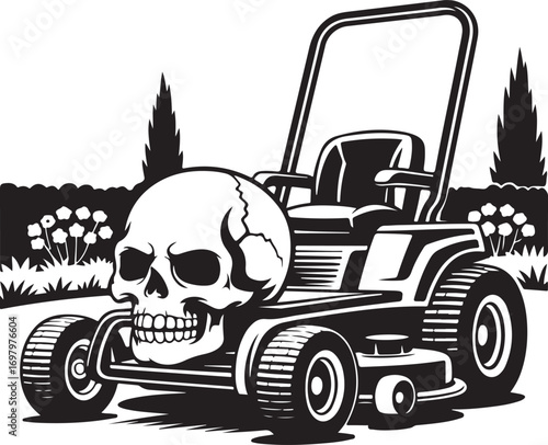 Black and white illustration of a skull on a riding lawn mower with trees riding mower
