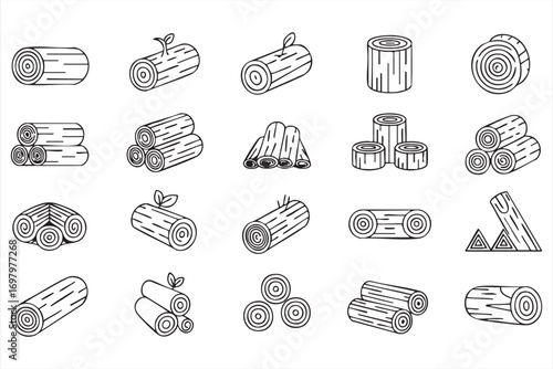 Pile of logs and cut timber outline icons for carpentry and building