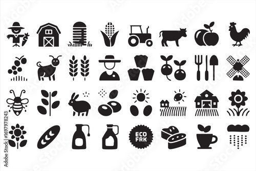 Farming and ecology silhouette icons set with barn, tractor and animals