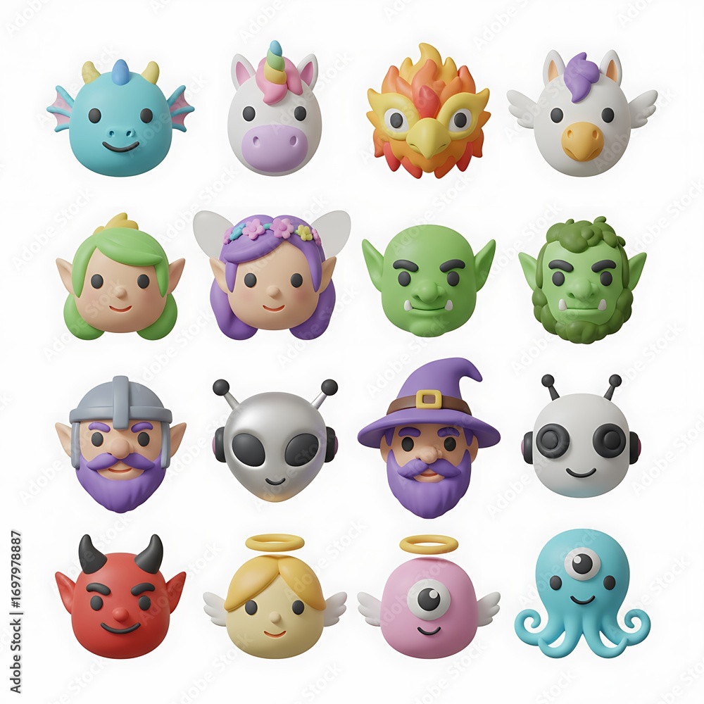 Fototapeta premium Collection of 16 Unique Fantasy Creature and Character 3D Iconography