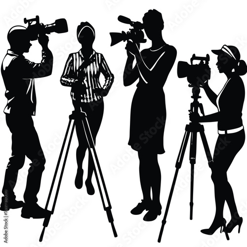 Silhouetted figures of people operating video cameras on tripods, capturing footage.