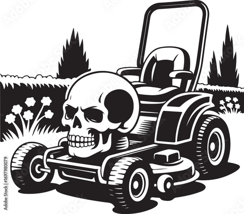 Black and white riding lawn mower with a skull in front riding mower garden