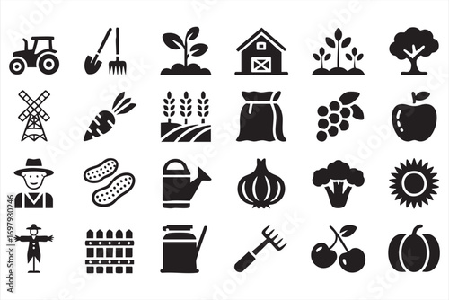 Agriculture and rural lifestyle icons set with plants and harvest produce