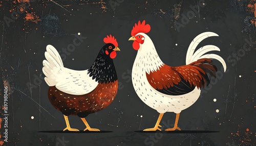 Two stylized farm fowl, a hen and rooster, positioned side-by-side on a textured background