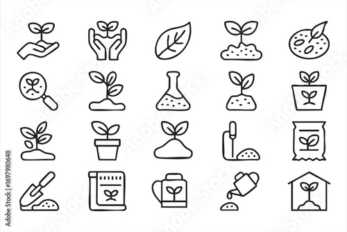 Gardening and cultivation icon pack featuring soil, seeds and watering