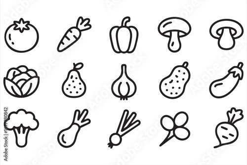 Vegetable icons set including tomato, carrot, bell pepper, mushroom, cabbage, pear, onion, pumpkin, eggplant, cauliflower, radish and fresh produce in line style isolated on white background