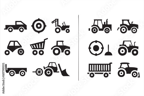 Tractor, truck, cart and excavator icons for agriculture and logistics design