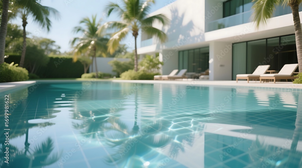 Fototapeta premium Tropical Oasis Pristine Swimming Pool Reflecting Palm Trees and Modern House