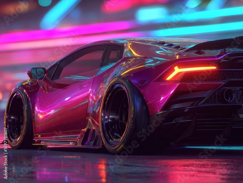 Stunning neon-lit scene of a sleek futuristic sports car with reflective surfaces and vibrant colors in a high-tech urban environment at night