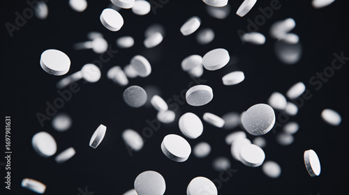 white round pills like paracetamol flying through the air towards the viewer on a black background. 