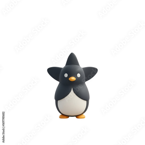 Isolated cartoon penguin with star shaped wings on a black background in digital rendering