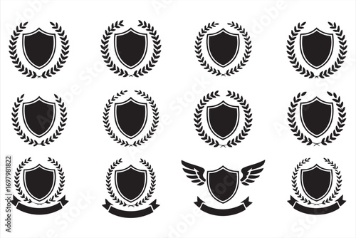 Black shield and laurel wreath emblem icon set isolated on white
