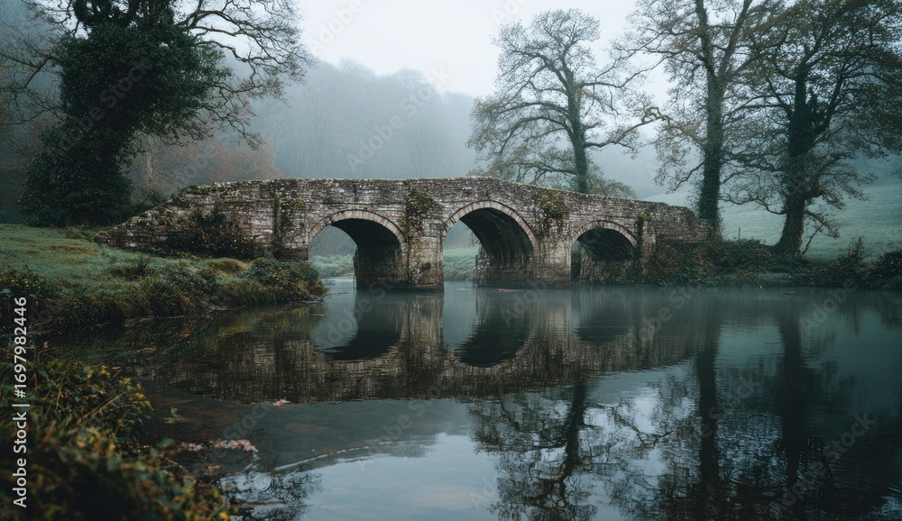 Fototapeta premium Misty morning scene of an old stone bridge over a tranquil river