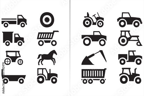 Farm and transport vehicle icons set with tractors, trucks and carts
