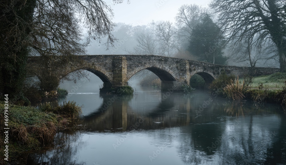 Fototapeta premium Misty stone bridge over a tranquil river