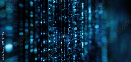 The Digital Code Stream in Blue Futuristic Matrix Style Data Visualization Background