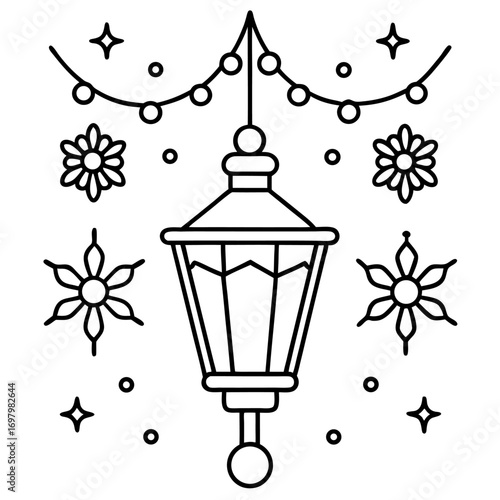 Whimsical Line Art Illustration of a Hanging Lantern with Flowers Stars and Decorative Garland Perfect for Coloring Books