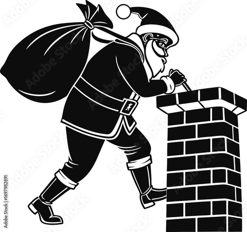 Black and white silhouette of santa claus climbing a chimney
