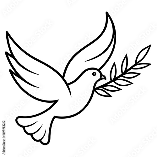 Dove carrying olive branch symbol of peace hope and new beginnings minimalistic vector illustration drawing in black and white