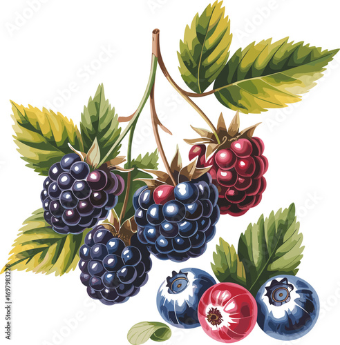 A cluster of ripe blackberries raspberries and blueberries on a vine with green leaves showing the vibrant colors of fresh forest fruit in a healthy diet concept