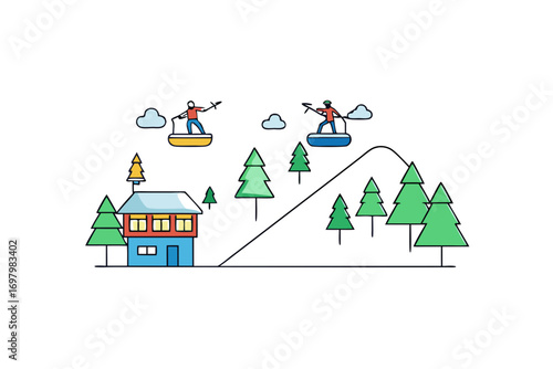 Ski resort with ski lifts, snowboarders and skiers on snowy mountains, resort house on top, surrounded by pine trees, vector illustration