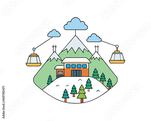 Ski resort with ski lifts, snowboarders and skiers on snowy mountains, resort house on top, surrounded by pine trees, vector illustration