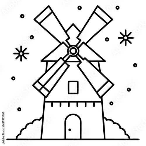 Outline windmill illustration with simple line art and snowflakes for winter holiday designs and childrens coloring books