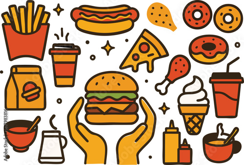 Colorful fast food illustration with burger, pizza, donuts, drinks and snacks, playful vector design for culinary and menu themes