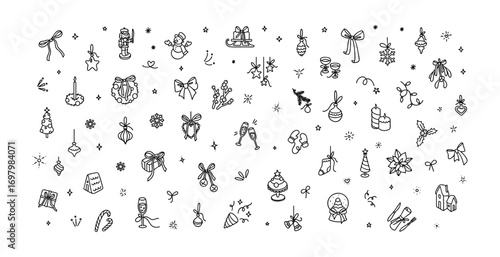 Cute line doodle Merry Christmas and Happy New year simple hand drawn icons set. Crayon kids scribble. Fir tree decorations, xmas bubble, snowman, stars, sparks, glitter, confetti. Festive background