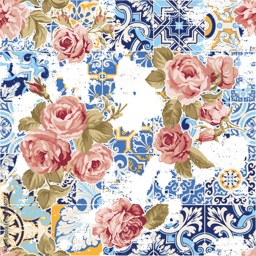 Roses flowers patchwork with azulejo tiles background vintage vector seamless pattern for shirt fabric wallpaper tablecloth pillow carpet  wrapping grunge effect in separate layer