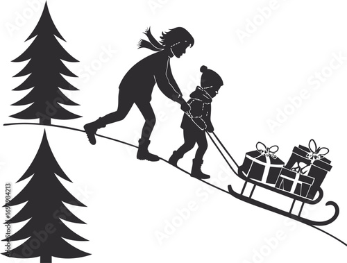 Children happily pulling a sled filled with presents during winter