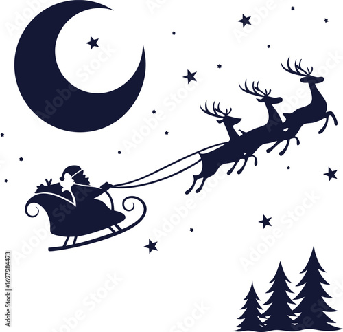Silhouette of santa claus riding a festive sleigh with reindeer