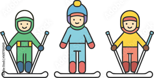 Three people in skiing attire on a plain white background, demonstrating skiing readiness.