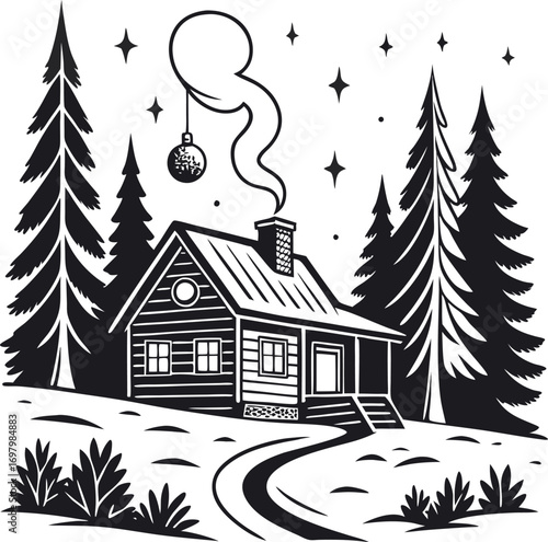 Stylized black and white silhouette of a cozy cab illustration