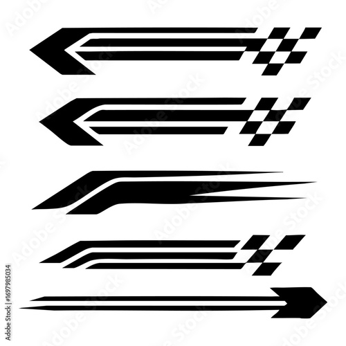 Checkered flag racing stripe graphics, isolated background. Speed line design for car tuning and motorsports