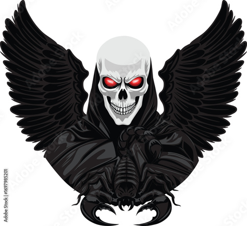 Grim Reaper With Wings And Scorpion Vector Black Reaper Skull Face Red Eyes Creepy Halloween Illustration