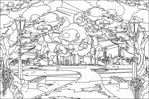 Park Landscape Coloring Page For Adult Antistress Relief Artwork Vector