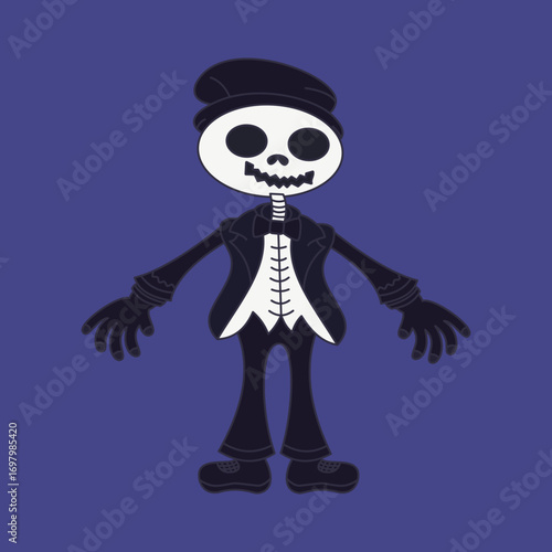 Halloween Skeleton Cartoon in Suit and Hat Vector