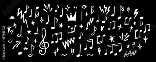 Grunge musical doodle background. Emo goth black poster. White chalk scribbles on the blackboard. Crayon notes, keys, symbols handwriting. Punk rock poster. Star, heart, crown shape