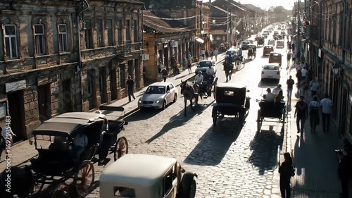 A bustling city street, lined with historic buildings, showcases a mix of horse-drawn carriages and automobiles.