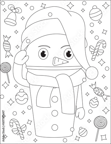 Christmas Candy Sweet Snowman Coloring Page For Kids Vector
