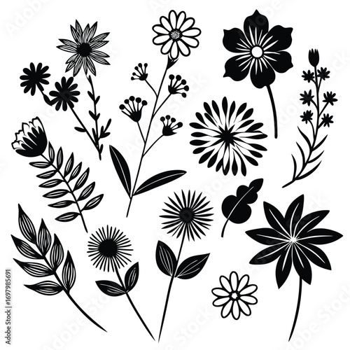 A collection of black and white silhouette illustrations featuring various flowers and botanical elements, perfect for decorative designs.