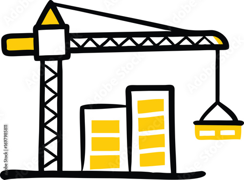 Simple vector illustration of a construction crane icon, depicting a crane with a hook, representing building and construction work.