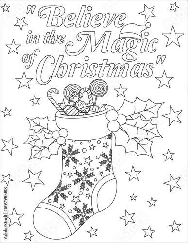 Believe In The Magic Of Christmas Coloring Page XMas Stocking Color Therapy Vector