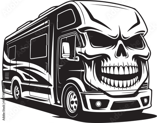 RV Motorhome with a Skull Face Front Design Vector Art camper vehicle