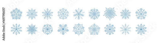 Set of blue snow flake icons. Winter frozen ice crystal and snowflakes design elements. Merry Christmas and Happy New Year whimsical hand drawn clipart. Festive pattern ornament