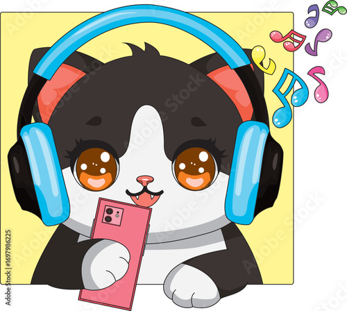 Cat Listening To Music Meme Kitten With Headphone And Mobile Phone Vector